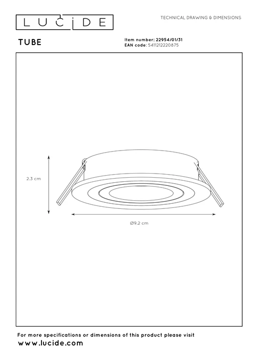 Lucide TUBE - Inbouwspot - Ø 9,2 cm - 1xGU10 - Wit - technisch